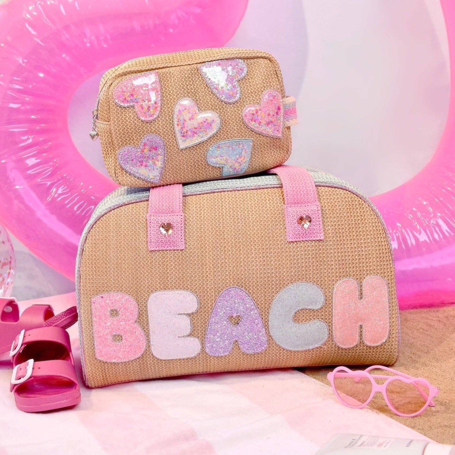 'Beach' Straw Color Block Medium Duffle Bag